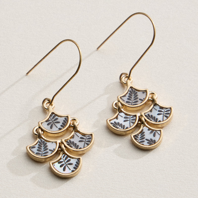 Boho-Chic Gold and Blue Mother of Pearl Drop Earrings – Floral Inlay Design