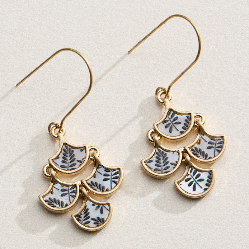 Boho-Chic Gold and Blue Mother of Pearl Drop Earrings – Floral Inlay Design