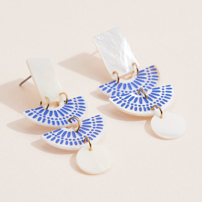 Geometric & Mother-of-Pearl Dangle Earrings – Blue and White Boho Statement Jewelry