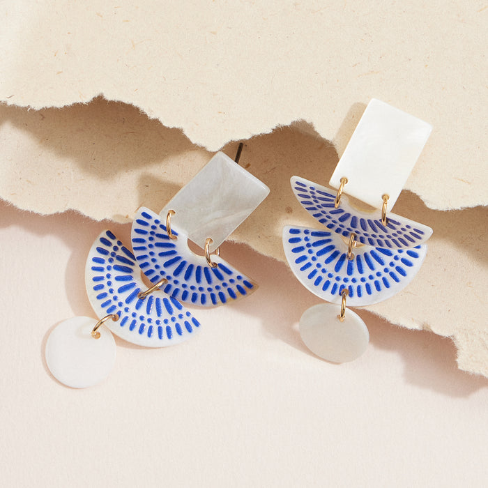 Geometric & Mother-of-Pearl Dangle Earrings – Blue and White Boho Statement Jewelry
