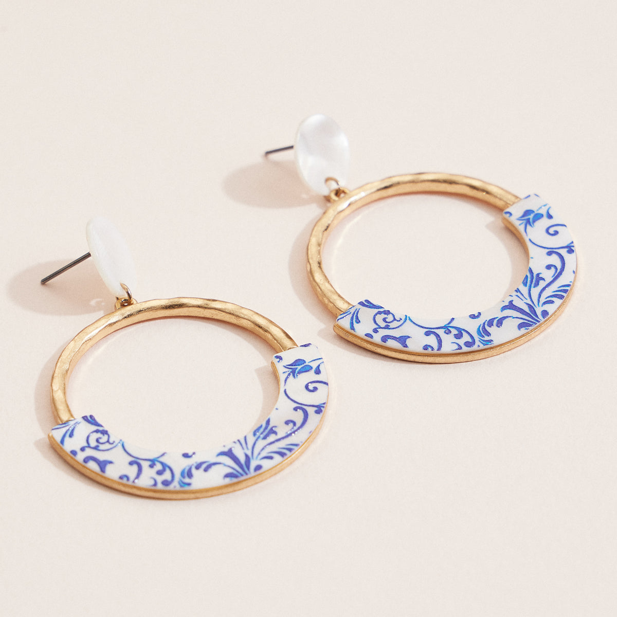 Blue & White Porcelain Print Hammered Gold Hoop Drop Earrings