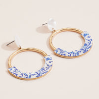 Blue & White Porcelain Print Hammered Gold Hoop Drop Earrings
