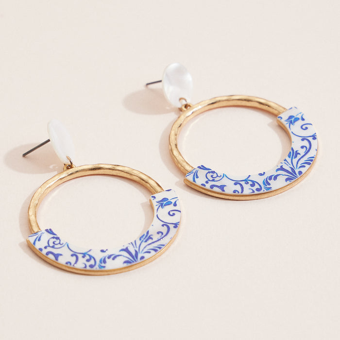 Blue & White Porcelain Print Hammered Gold Hoop Drop Earrings