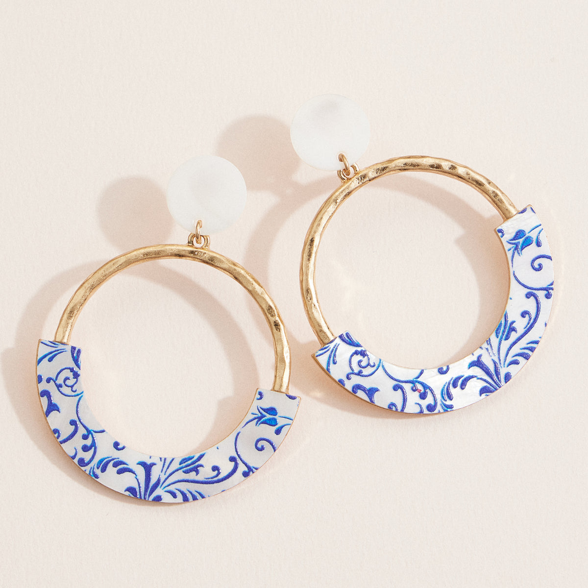 Blue & White Porcelain Print Hammered Gold Hoop Drop Earrings