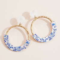 Blue & White Porcelain Print Hammered Gold Hoop Drop Earrings