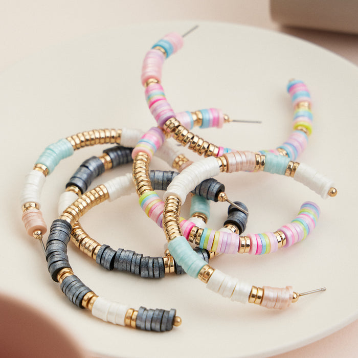 Heishi Beaded Hoop Earrings – Multicolor & Golden Accents