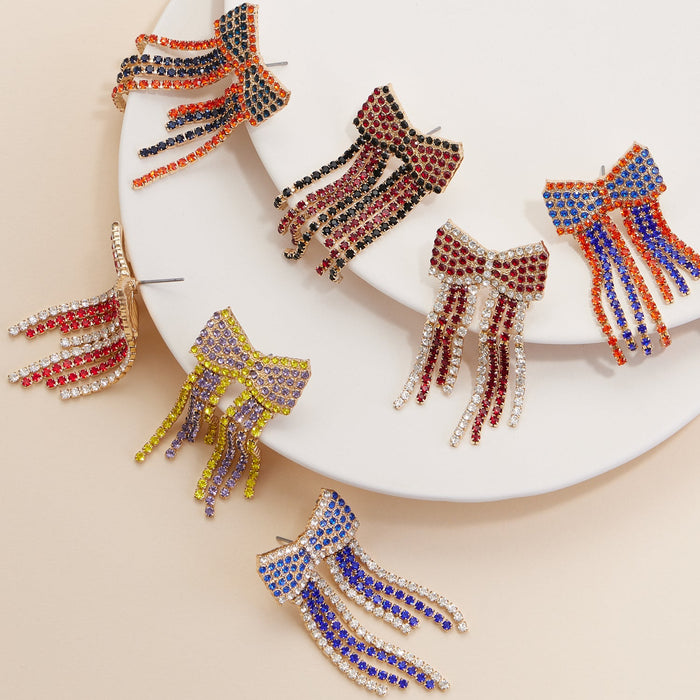 Bow Fringes Rhinestones Earrings