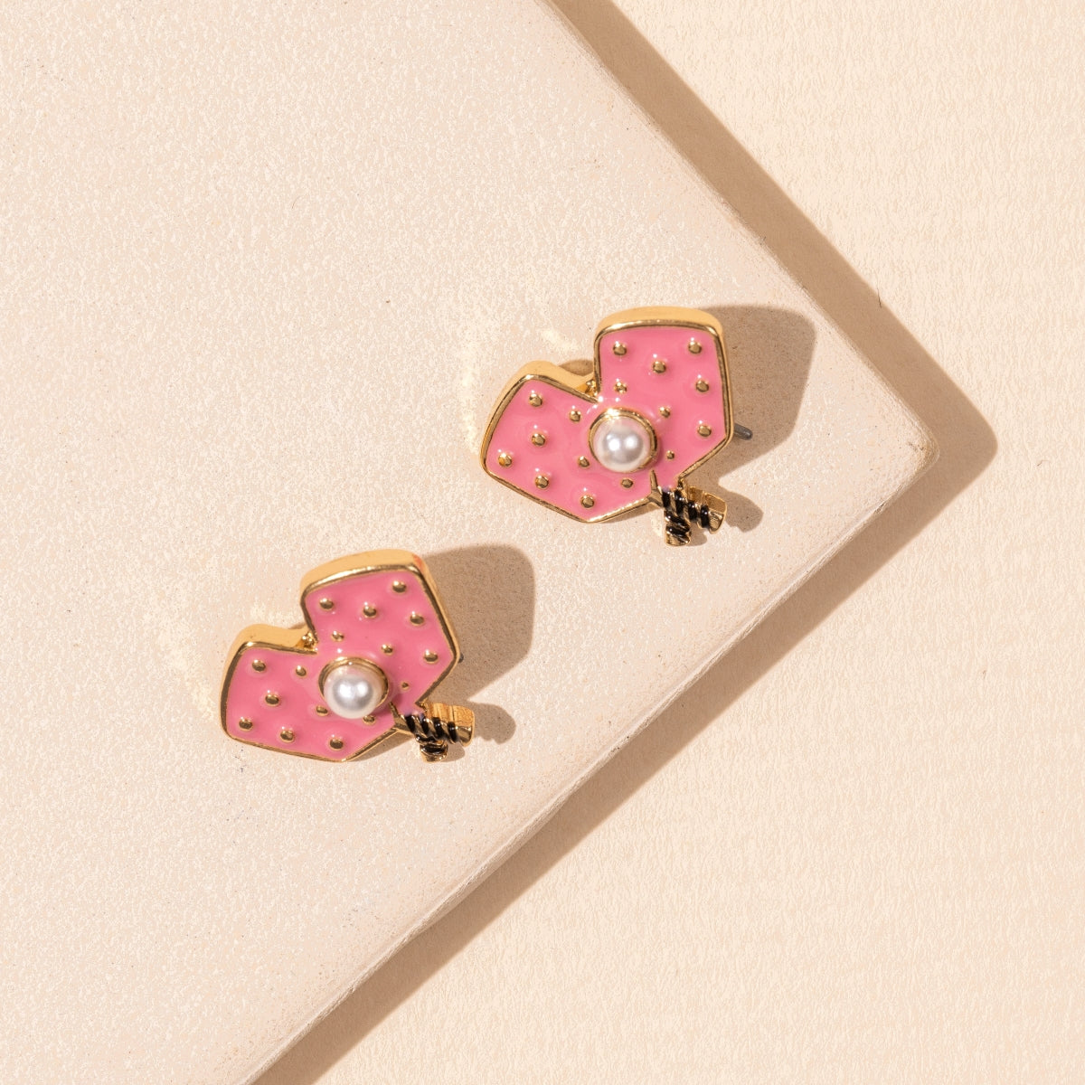 18K Enamel Pickleball Pearl Stud Earrings | Sports Jewelry