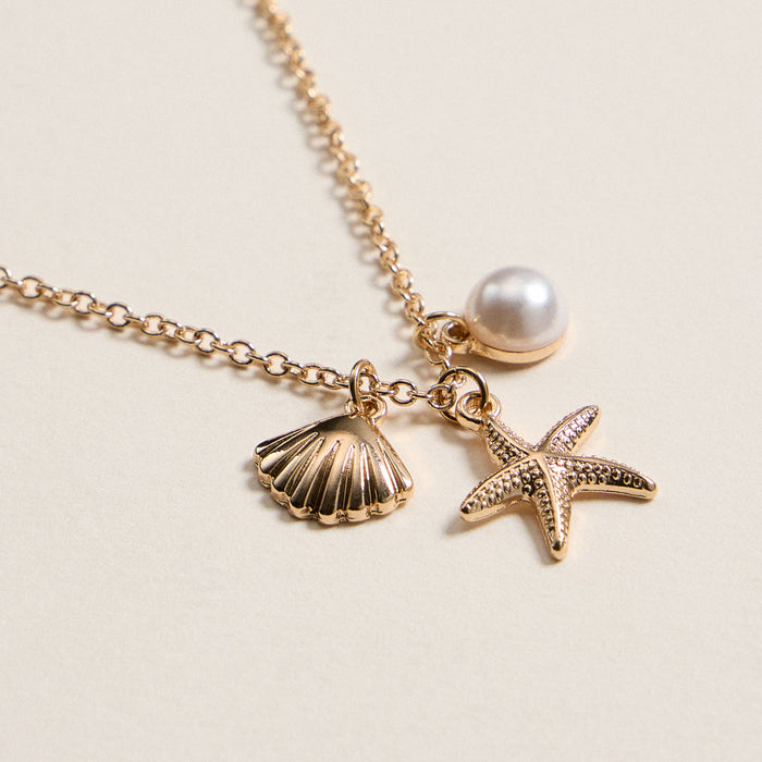 Seashell and Starfish Charm Necklace with Pearl