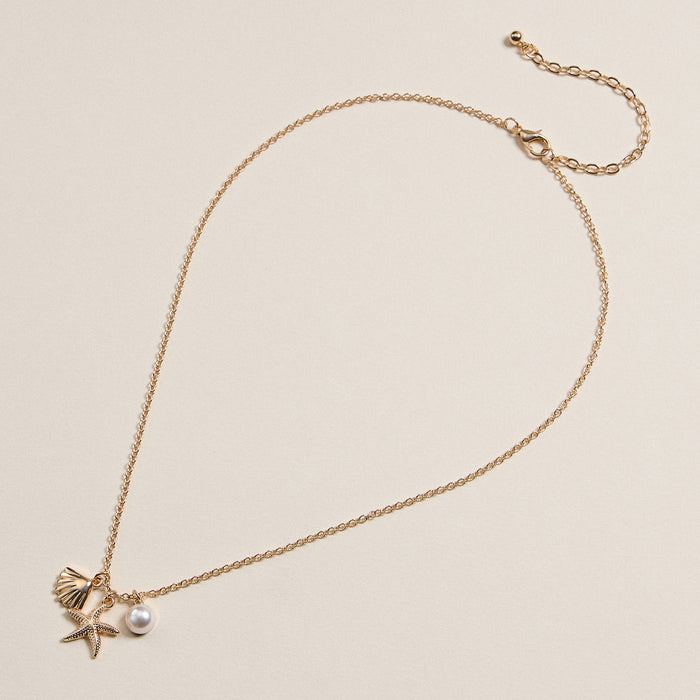 Seashell and Starfish Charm Necklace with Pearl