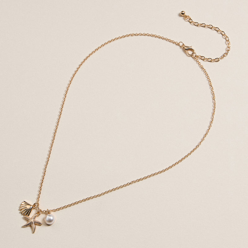Seashell and Starfish Charm Necklace with Pearl