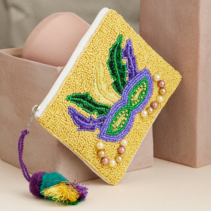 Mardi Gras Zip Pouch – Festive Masquerade Clutch with Tassel