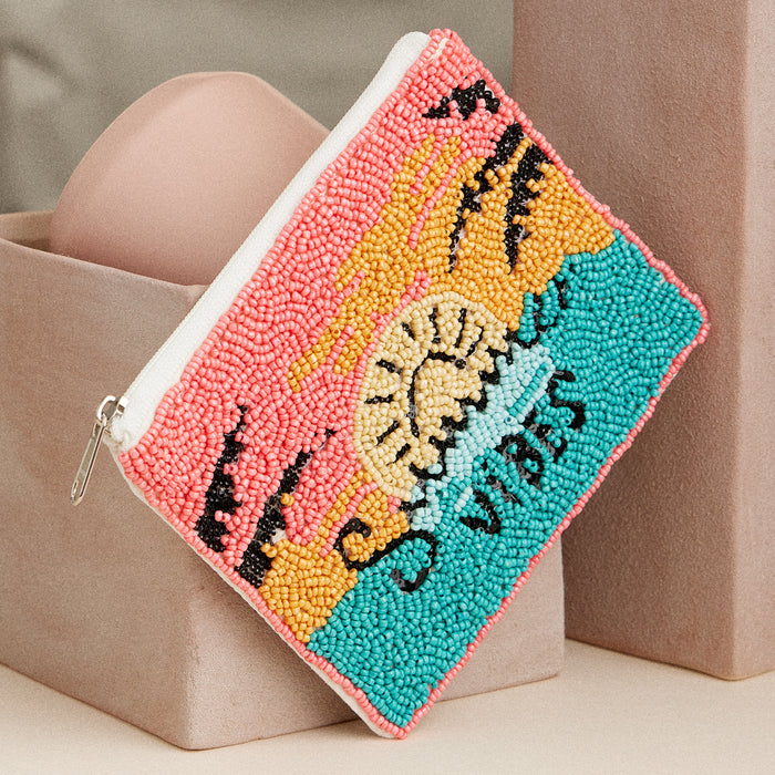 Beaded "Summer Vibes" Zip Pouch – Tropical Sunset Clutch for Beach & Travel