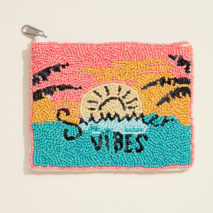 Beaded "Summer Vibes" Zip Pouch – Tropical Sunset Clutch for Beach & Travel