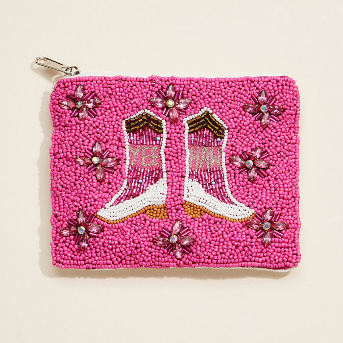 Pink Beaded "Yee Haw" Cowboy Boot Zip Pouch – Western Glam Clutch