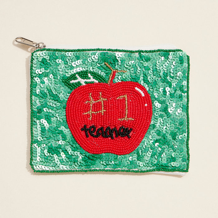 Beaded "#1 Teacher" Apple Zip Pouch – Sequin Gift for Educators