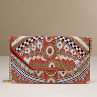 Beaded Boho Clutch – Colorful Geometric Pattern Purse with Gold Chain