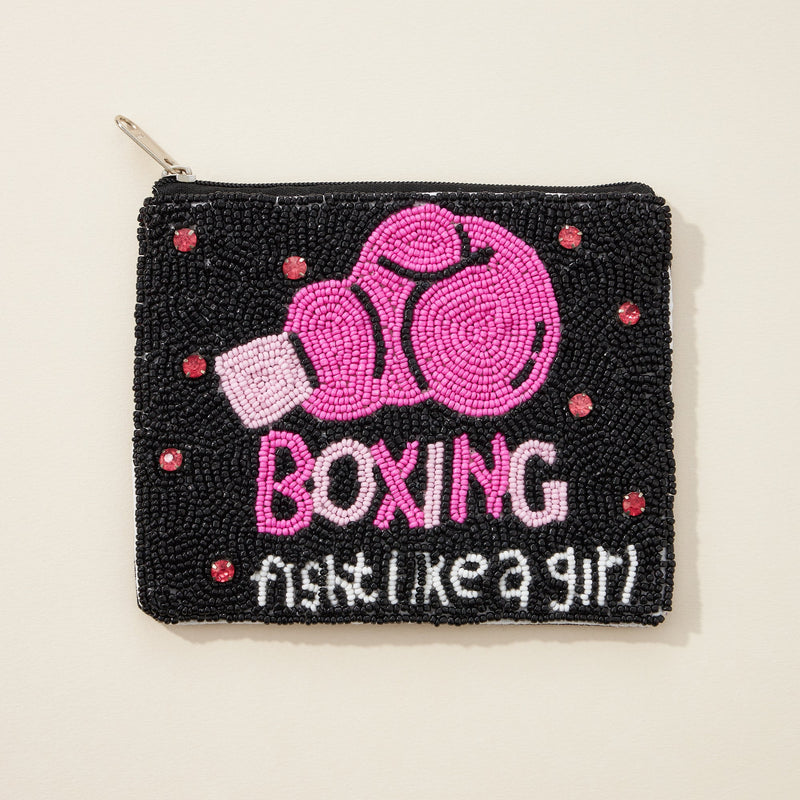 BOXING Pink Ribbon Seed Bead Canvas Pouch
