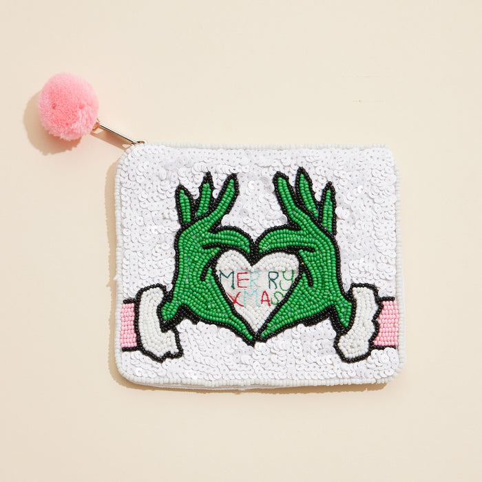 Christmas Green Monster Beaded Coin Pouch