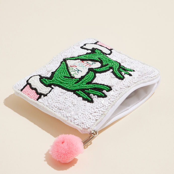 Seed Beaded Green Monster Heart Coin Pouch | Merry Christmas Zip Pouch
