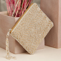 Gold Beaded Evening Coin Pouch – Elegant Chevron Tassel Zip Pouch