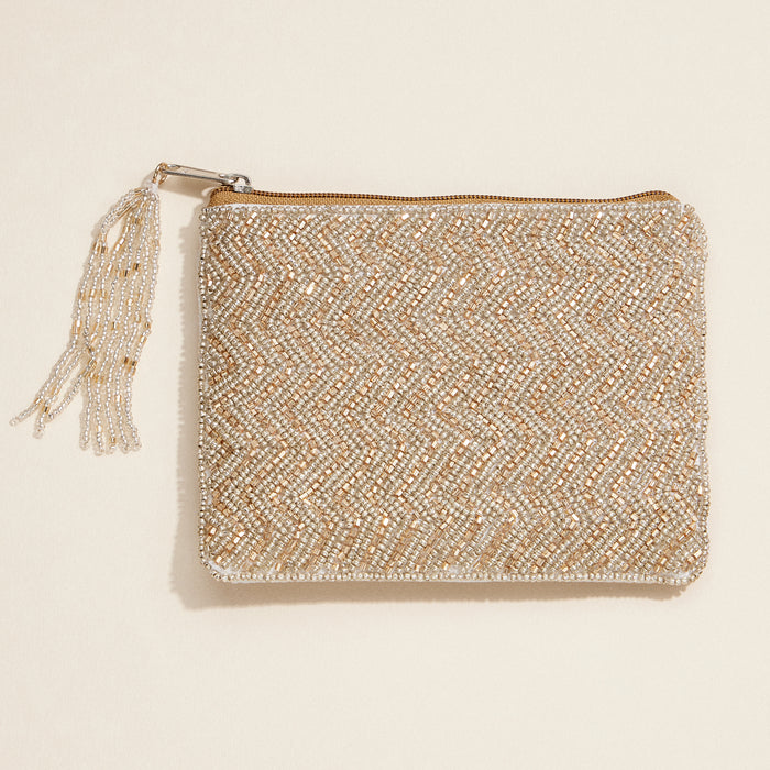 Gold Beaded Evening Coin Pouch – Elegant Chevron Tassel Zip Pouch