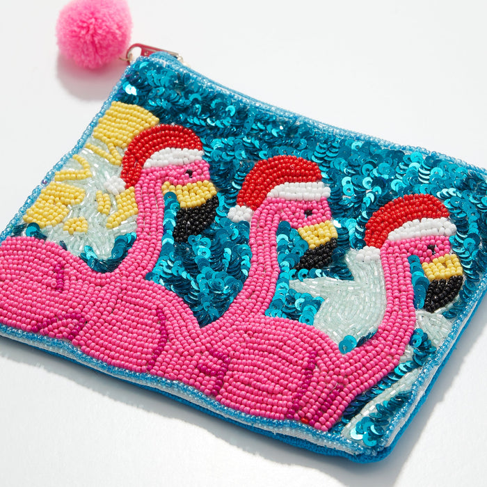 Seed Beaded Santa Flamingo Coin Pouch | Tropical Christmas Zip Wallet