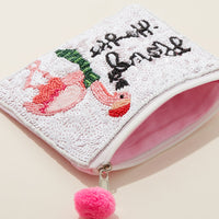 Flamingo Ho Ho Seed Bead Canvas Pouch with a Pom