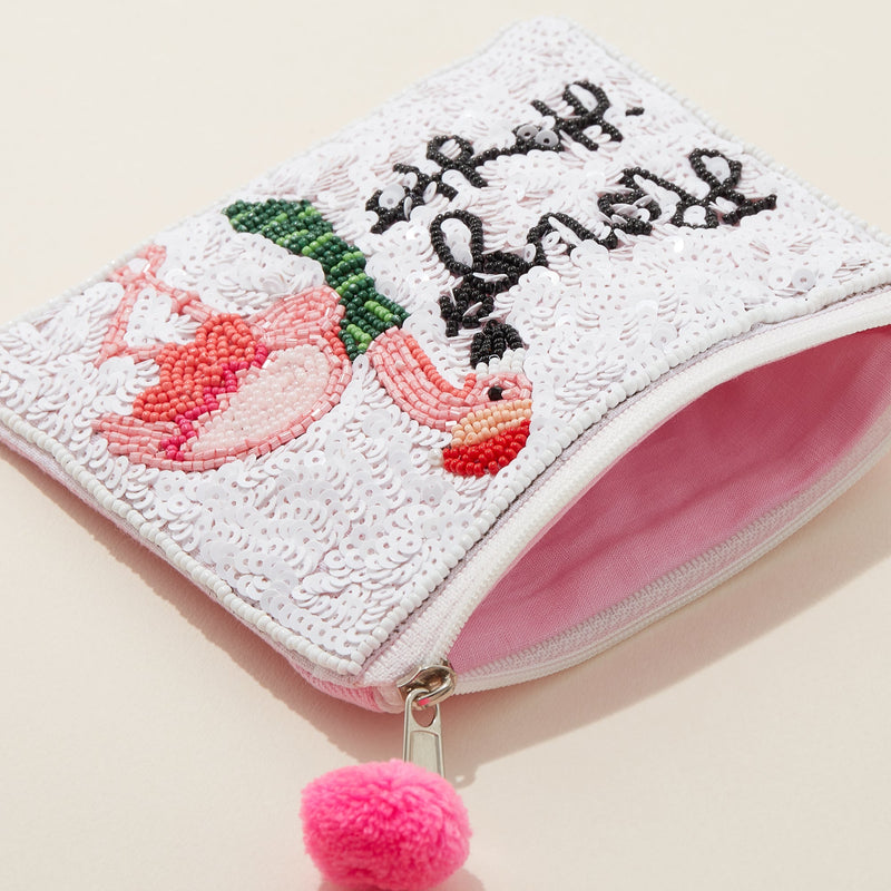 Flamingo Ho Ho Seed Bead Canvas Pouch with a Pom
