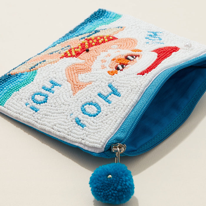 Seed Beaded Surfing Santa Coin Pouch | Tropical Holiday Zip Wallet