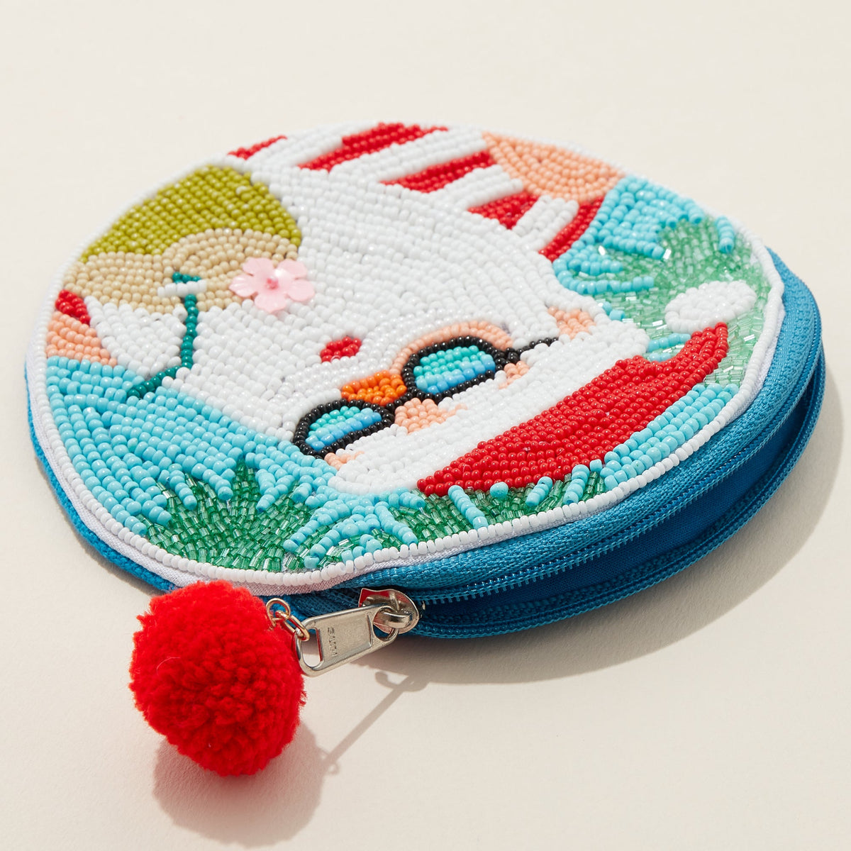 Santa on the Beach Seed Bead Round Canvas Pouch