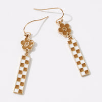 Enamel Checkerboard Flower Dangle Earrings