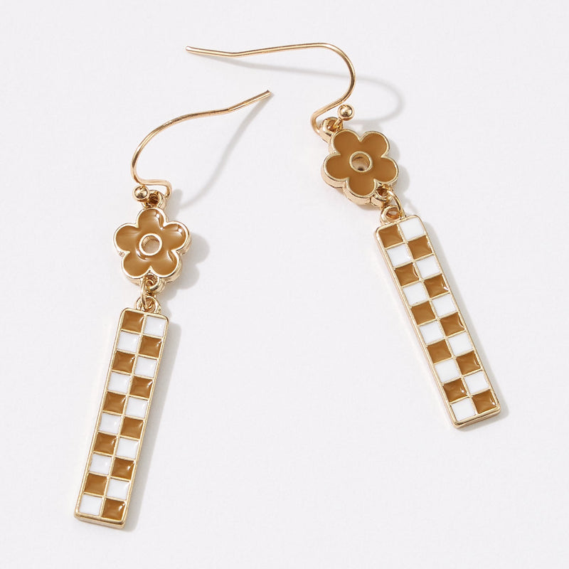 Enamel Checkerboard Flower Dangle Earrings