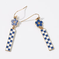 Enamel Checkerboard Flower Dangle Earrings