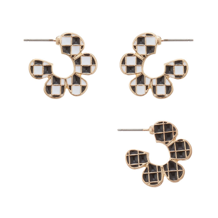 Square Checkered Flower Shape Hoop Earrings