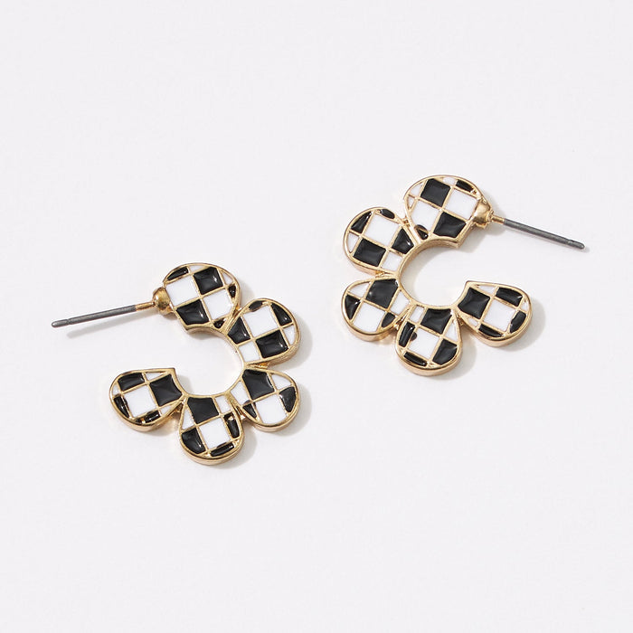 Square Checkered Flower Shape Hoop Earrings