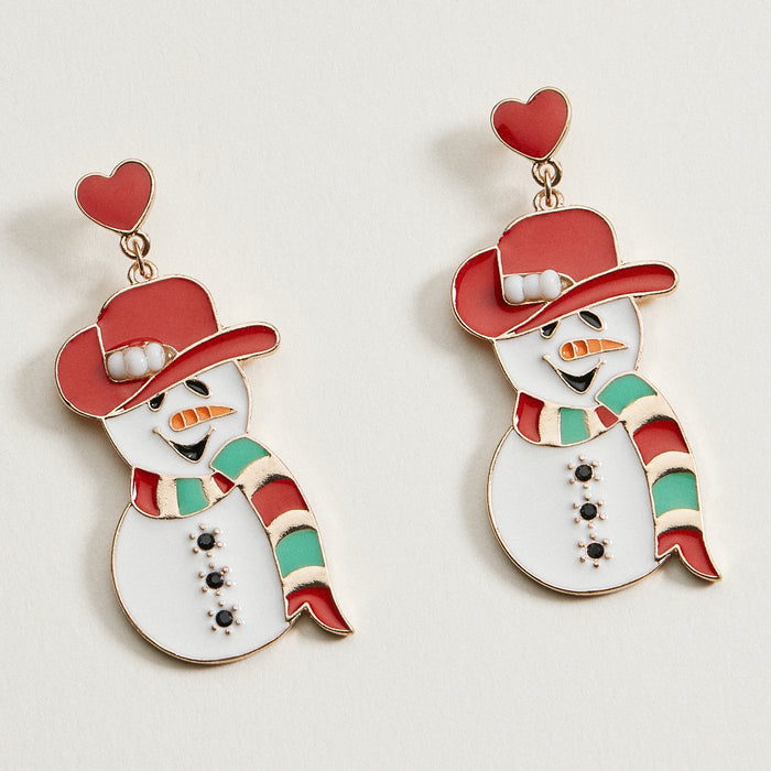 Snowman Heart Dangle Earrings | Enamel Christmas Holiday Earrings