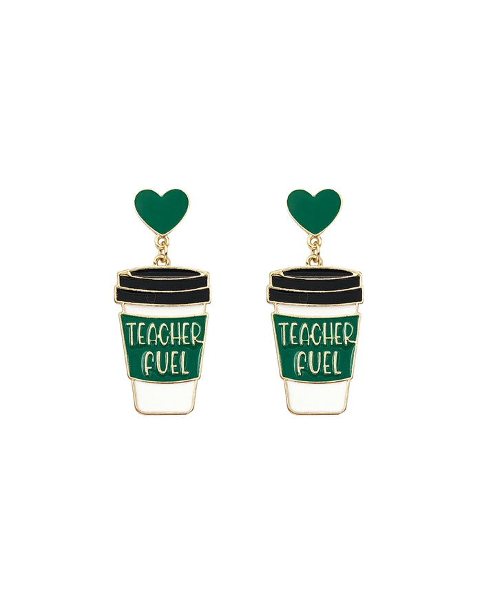 Teacher Fuel Coffee Cup Heart Drop Earrings