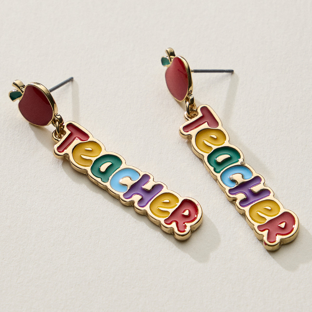Rainbow Teacher Enamel Drop Earrings with Apple Stud