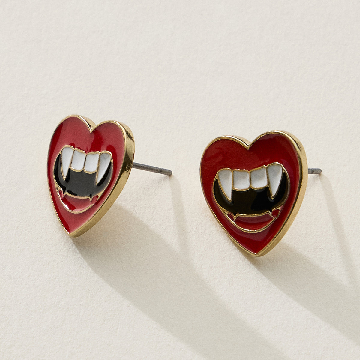 Heart Stud Earrings with Vampire Fangs