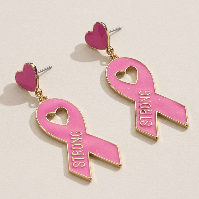 Strong Pink Ribbon Enamel Earrings