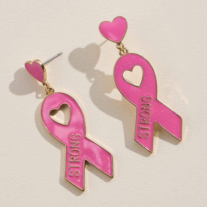 Strong Pink Ribbon Enamel Earrings