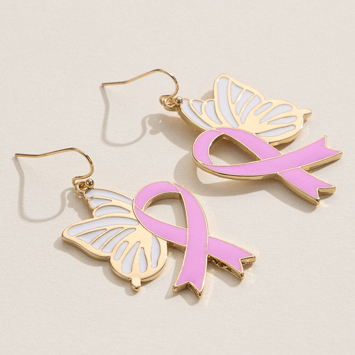 Pink Ribbon Butterfly Enamel Earrings
