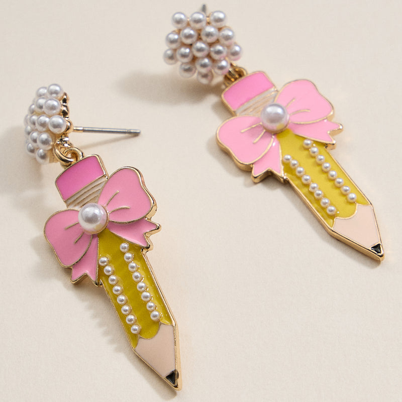 Pencil and Bow Pearl Earrings