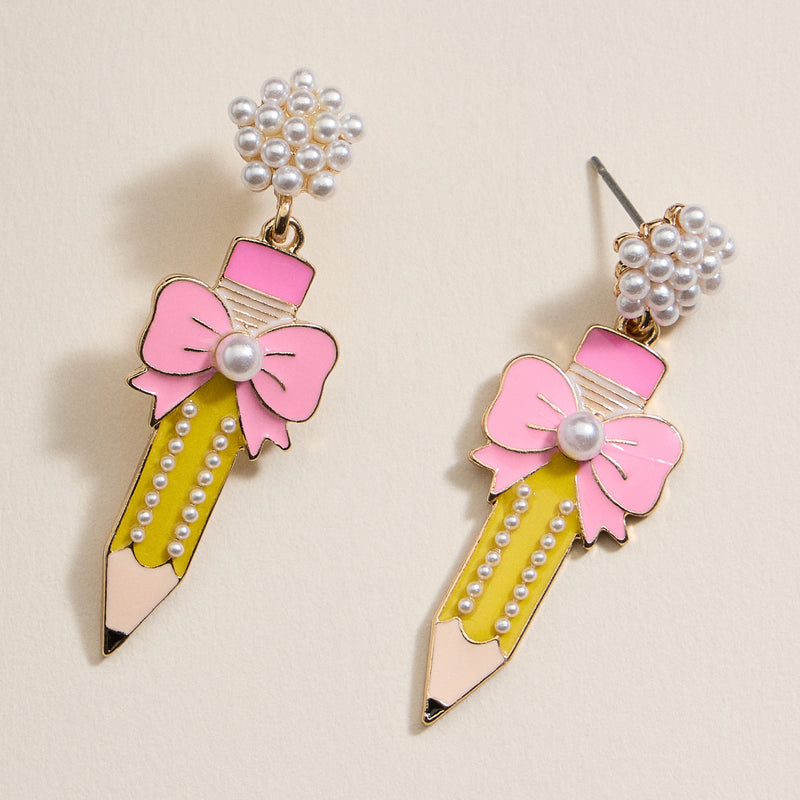 Pencil and Bow Pearl Earrings