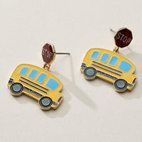 Enamel School Bus Drop Earrings with Stop Sign Stud
