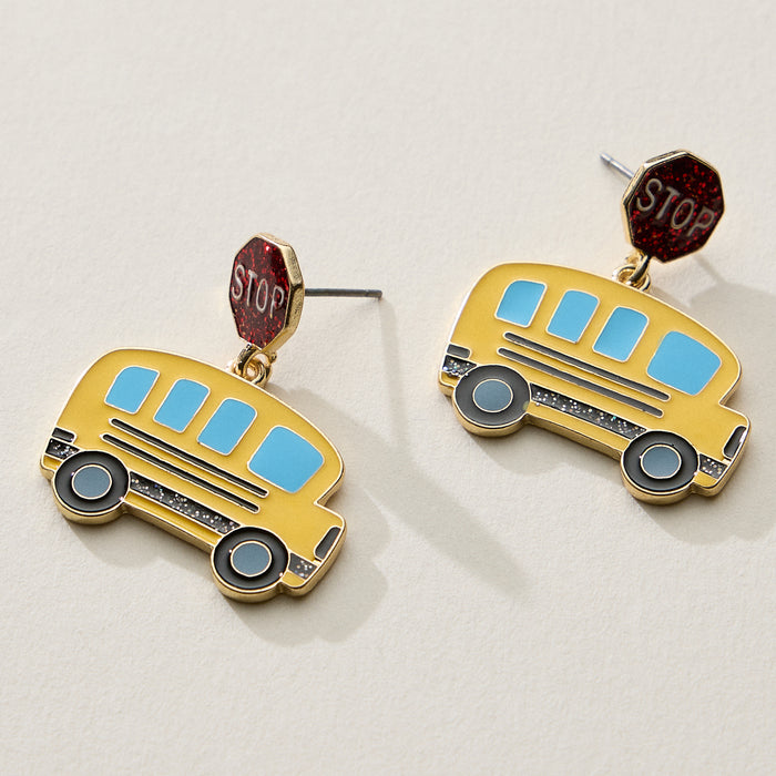 Enamel School Bus Drop Earrings with Stop Sign Stud