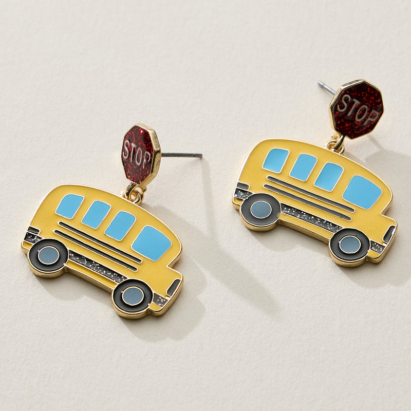 Enamel School Bus Drop Earrings with Stop Sign Stud