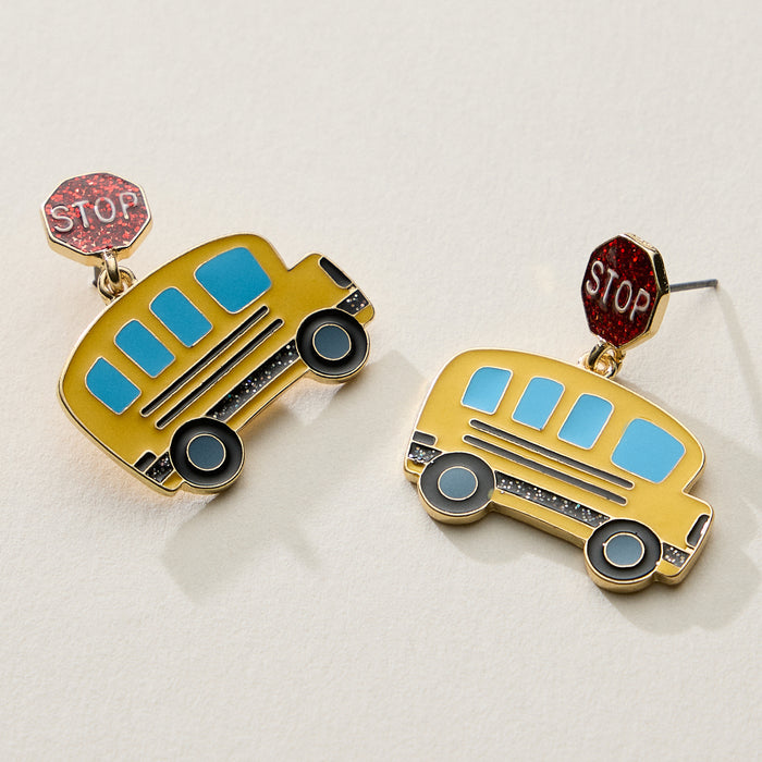 Enamel School Bus Drop Earrings with Stop Sign Stud