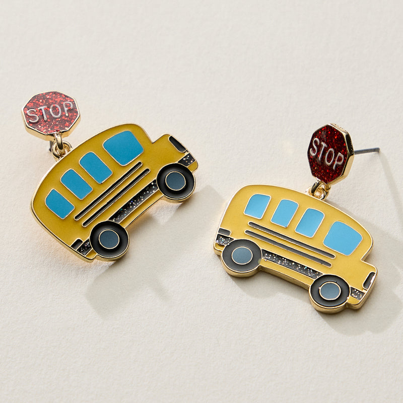 Enamel School Bus Drop Earrings with Stop Sign Stud
